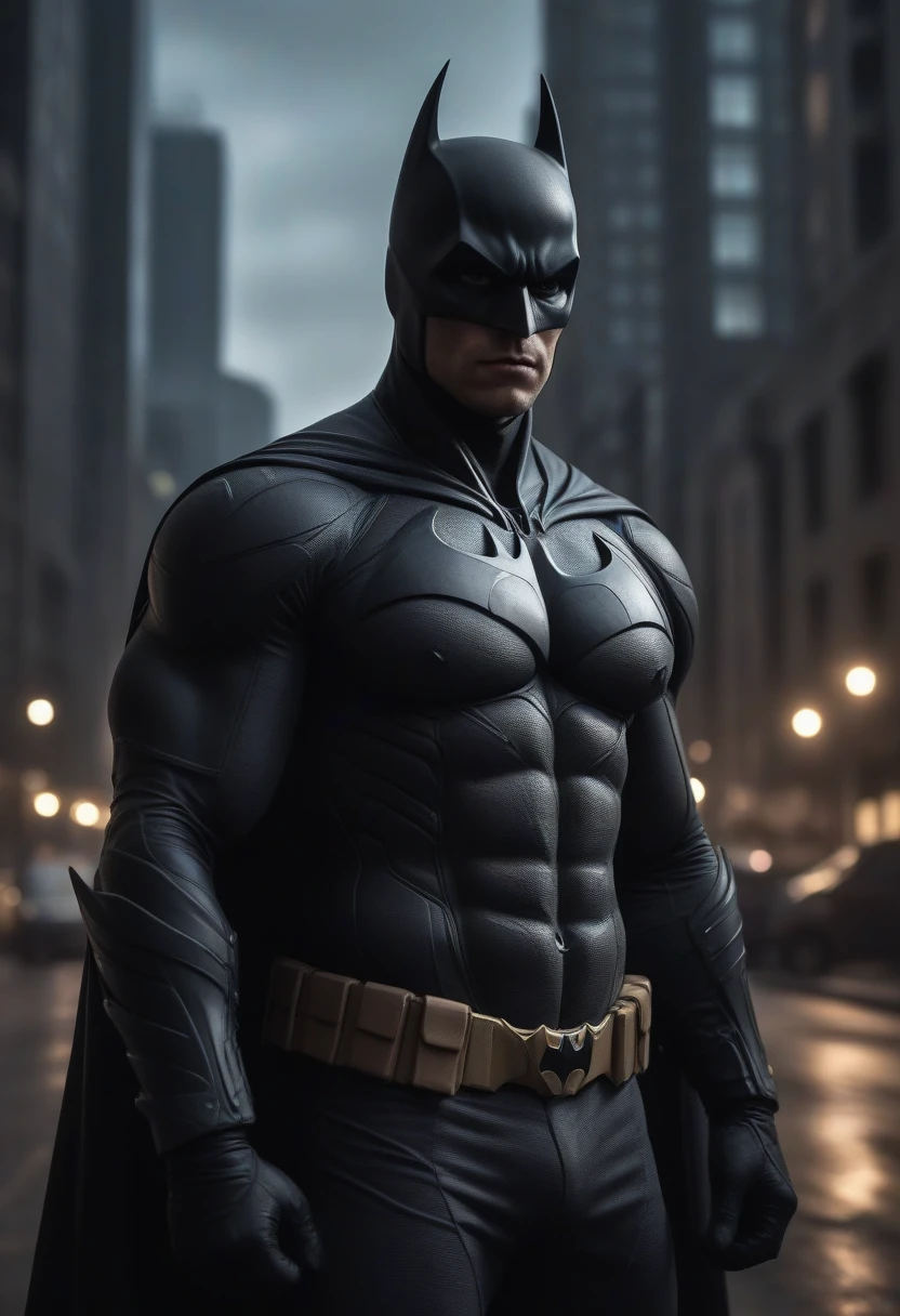 a handsome man in a dark batman costume, stunning detailed facial features, intense eyes, chiseled jawline, strong muscular body, dramatic dark lighting, moody atmosphere, cinematic angle, dark city background, (best quality,4k,8k,highres,masterpiece:1.2),ultra-detailed,(realistic,photorealistic,photo-realistic:1.37),hyper detailed, dramatic lighting, dark gritty cityscape, dynamic pose, striking visual impact