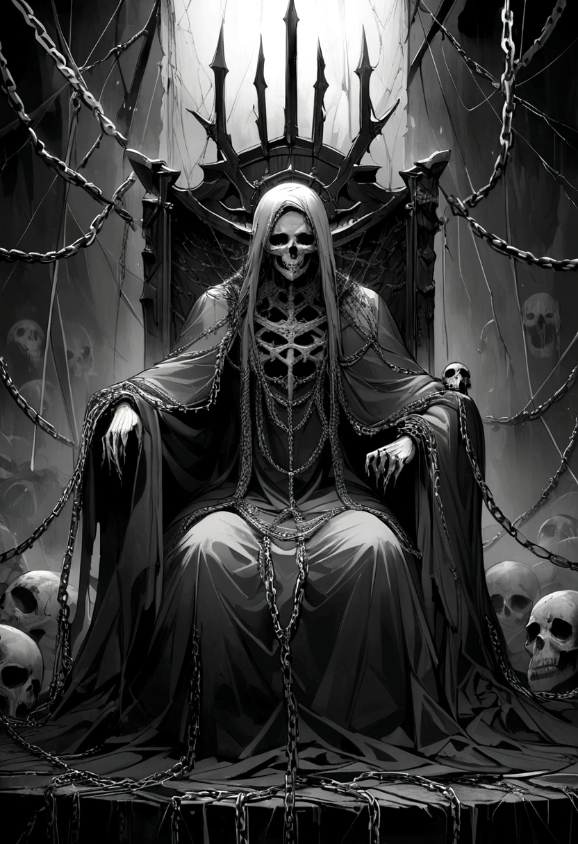 Death metal album cover, grey scale paint, kingdom and throne, strings, chains, dystopian , dark, fantasy and horror