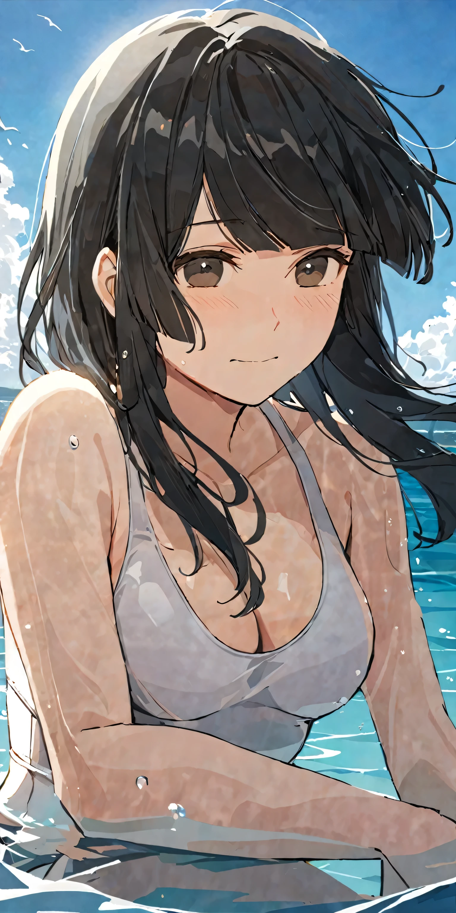 masterpiece,best quality, solo, eda, bangs, black hair, upper body,blue sky,cloud, shy expression, natural expression, medium breast, hot, thicc, swimsuit , ocean, water, she was sitting , she was posin, closed mouth, she is wearing white sando while swimming she is grabbing her chest
