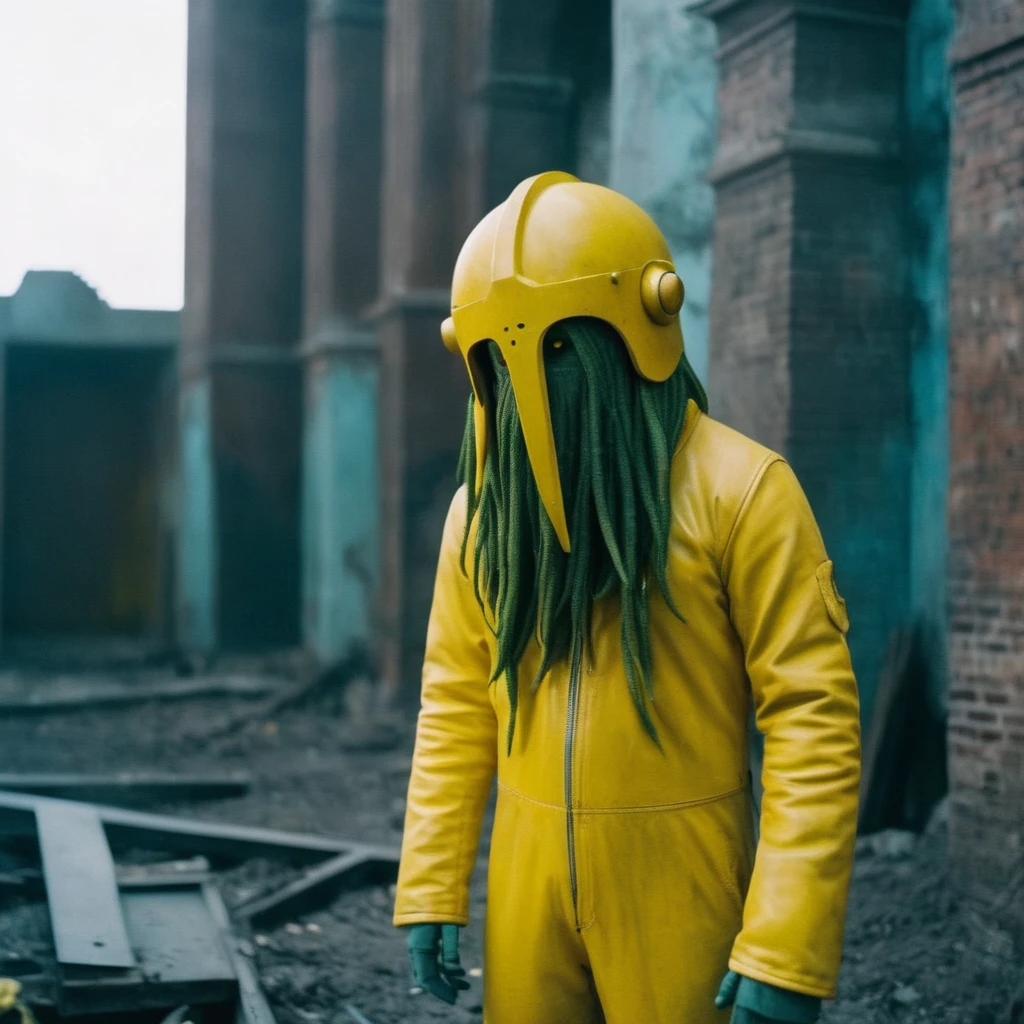 Horror-themed,  In an ancient and mysterious city a person wearing a yellow helmet with yellow spikes on it carcosa city style, Don Bluth Style ASTRONAUT Cthulhu yellow Toon Doll, full body RAW candid cinema, cyan hair, 16mm, color graded portra 400 film, Eerie, unsettling, dark, spooky, suspenseful, grim, highly detailed