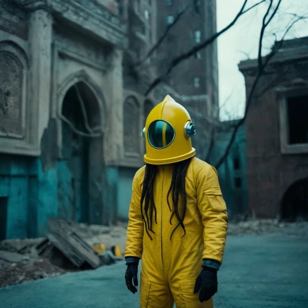 Horror-themed,  In an ancient and mysterious city a person wearing a yellow helmet with yellow spikes on it carcosa city style, Don Bluth Style ASTRONAUT Cthulhu yellow Toon Doll, full body RAW candid cinema, cyan hair, 16mm, color graded portra 400 film, Eerie, unsettling, dark, spooky, suspenseful, grim, highly detailed