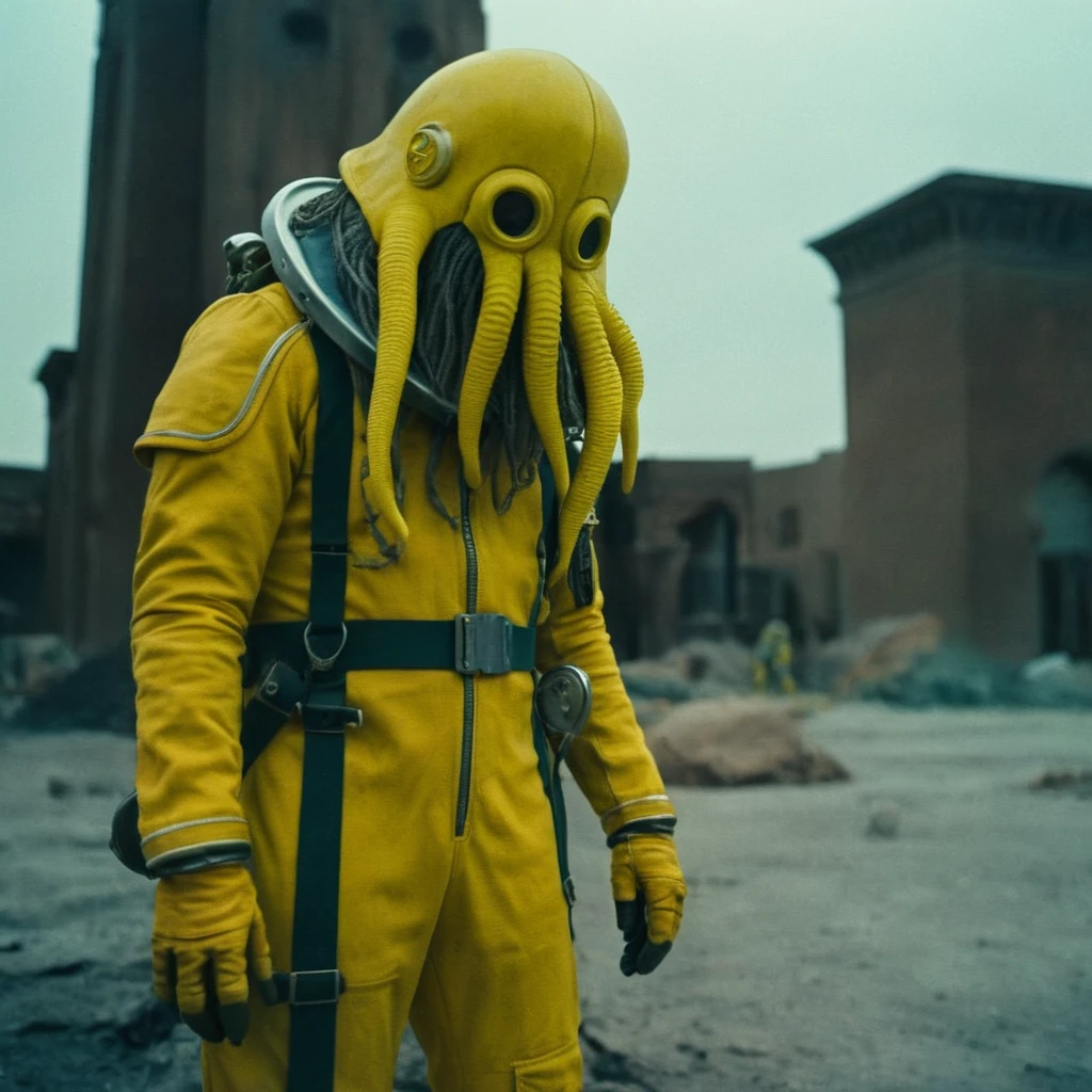 Horror-themed,  In an ancient and mysterious city a person wearing a yellow helmet with yellow spikes on it carcosa city style, Don Bluth Style ASTRONAUT Cthulhu yellow Toon Doll, full body RAW candid cinema, cyan hair, 16mm, color graded portra 400 film, Eerie, unsettling, dark, spooky, suspenseful, grim, highly detailed