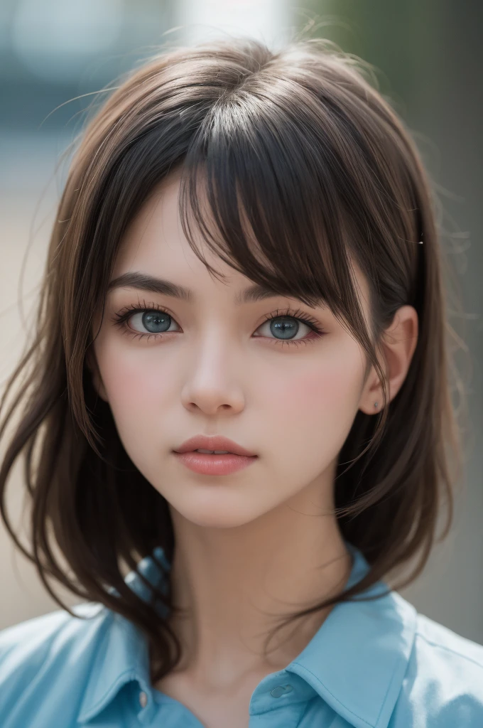 The image depicts a young woman with long, straight, light brown hair styled with two small hair clips on either side, which add a subtle touch of detail to her look. Her hair cascades down smoothly, framing her face elegantly. She has striking blue eyes that are wide open, giving her a direct and captivating gaze. Her complexion is fair and flawless, with a natural and minimalistic makeup look that highlights her features without overpowering them. She is wearing a light blue collared shirt that adds a pop of color and contrasts nicely with her hair and skin tone. The background is softly blurred, with bokeh lights creating a warm and somewhat dreamy atmosphere. The lights are a mix of warm and cool tones, contributing to the overall aesthetic of the photograph. The focus is clearly on the woman's face, capturing her expression and features in high detail. The overall composition of the image suggests a professional portrait, with attention to lighting, focus, and background to enhance the subject's natural beauty.
