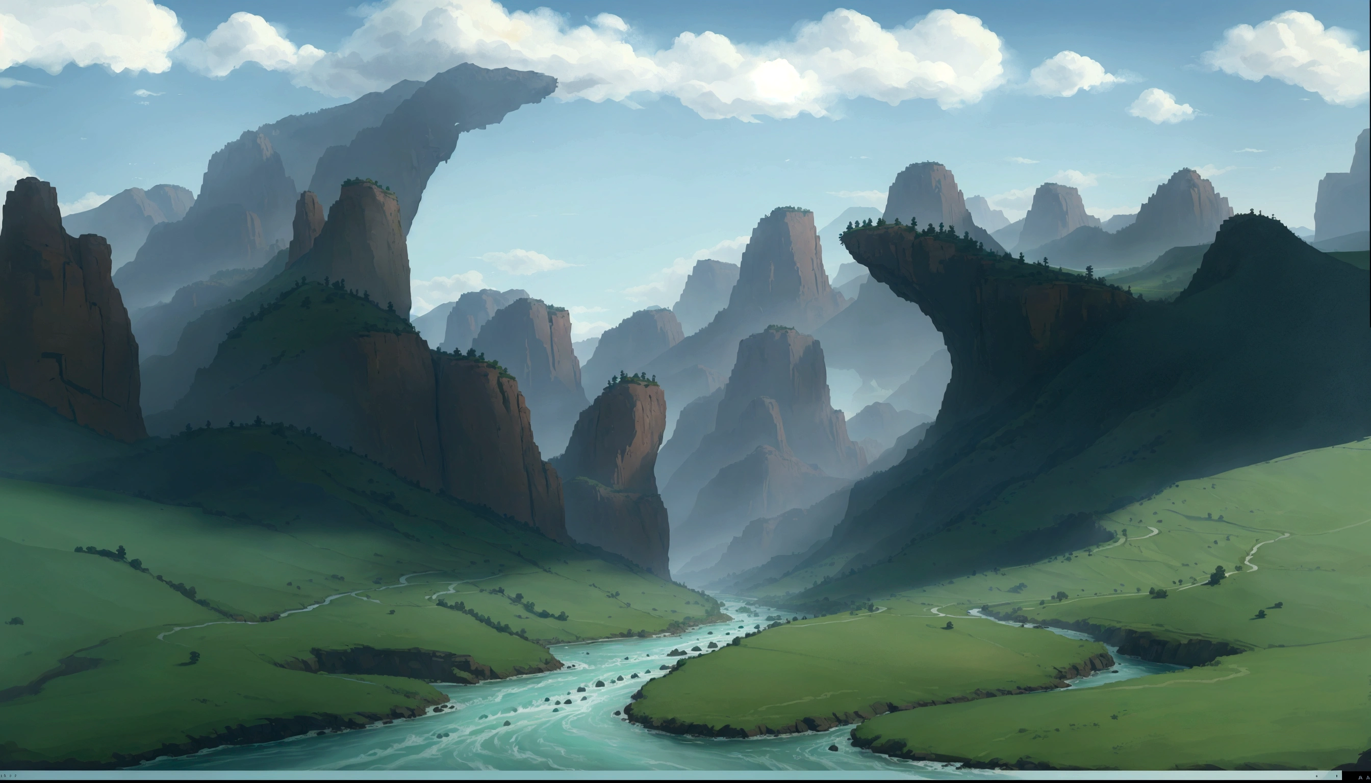 there is a painting of a river running through a valley, background art, 2 d game art background, landscape background, canyon background, random background scene, some mountains in the background, scenic background, 2d game background, rocky environment, background artwork, rpg landscape, epic background, an epic landscape, scenery game concept art, detailed digital painting, art station landscape