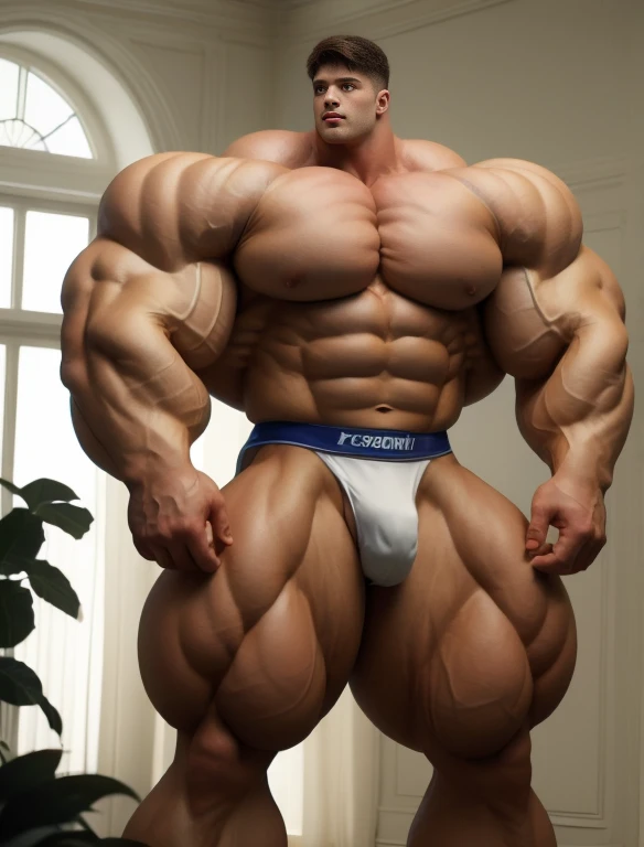 1boy, giant, alone, giant bodybuilder, illuminating light, strong body, bulk, large size, armpit, staying in the white photo studio, nude, white triangular underwear, thick bulge, extraordinary big, brutalmass, giant muscular body, bulk, buff, massive body, large meaty body size, extremely wide body