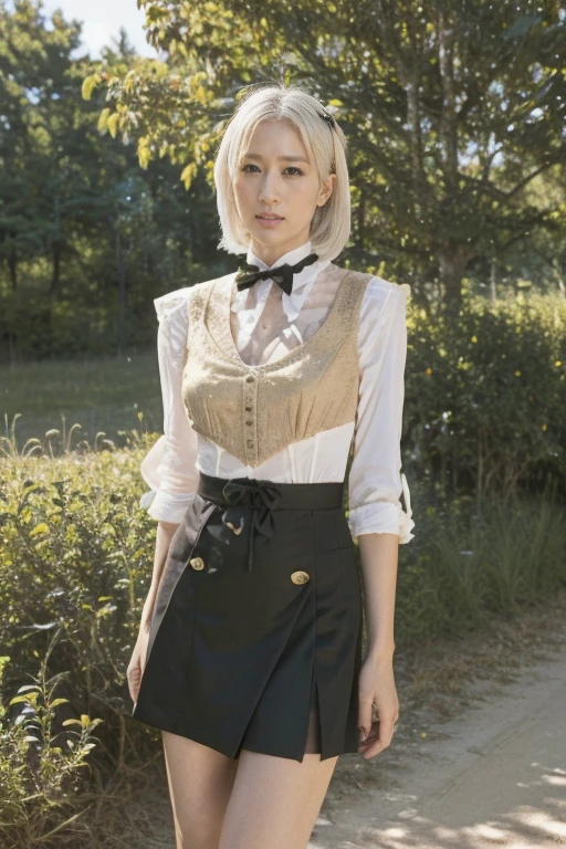Girls, White hair, short hair, Yellow Eyed, Large Breasts, Cat hair ornaments, Side lock, White hair, Shiny hair, , (Golden Eyes: 1.2), (There are two long triangle extensions on the skirt, Abdominal vest), White buttons for vest corset, (Wear a short-sleeved striped shirt under the vest), (The sleeves end close to the arms), (There is a thick black ribbon around the neck), ( Magenta skirt),( Beautiful long legs),