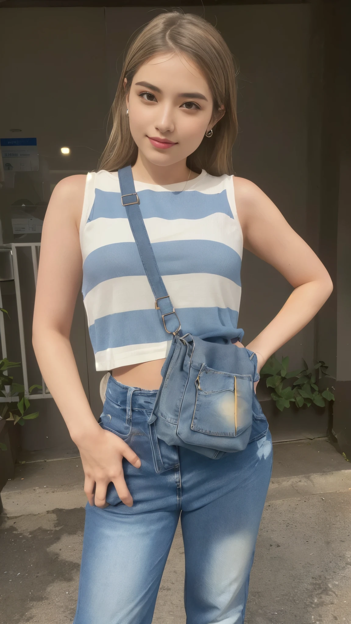 arafed woman in a striped top and jeans posing for a picture, r6, bag over the waist, r - mk, front side full, front side, taken in 2 0 2 0, taken in 2022, with two front pockets, in background, front portrait, photo taken in 2 0 2 0, high quality scan, e - girl