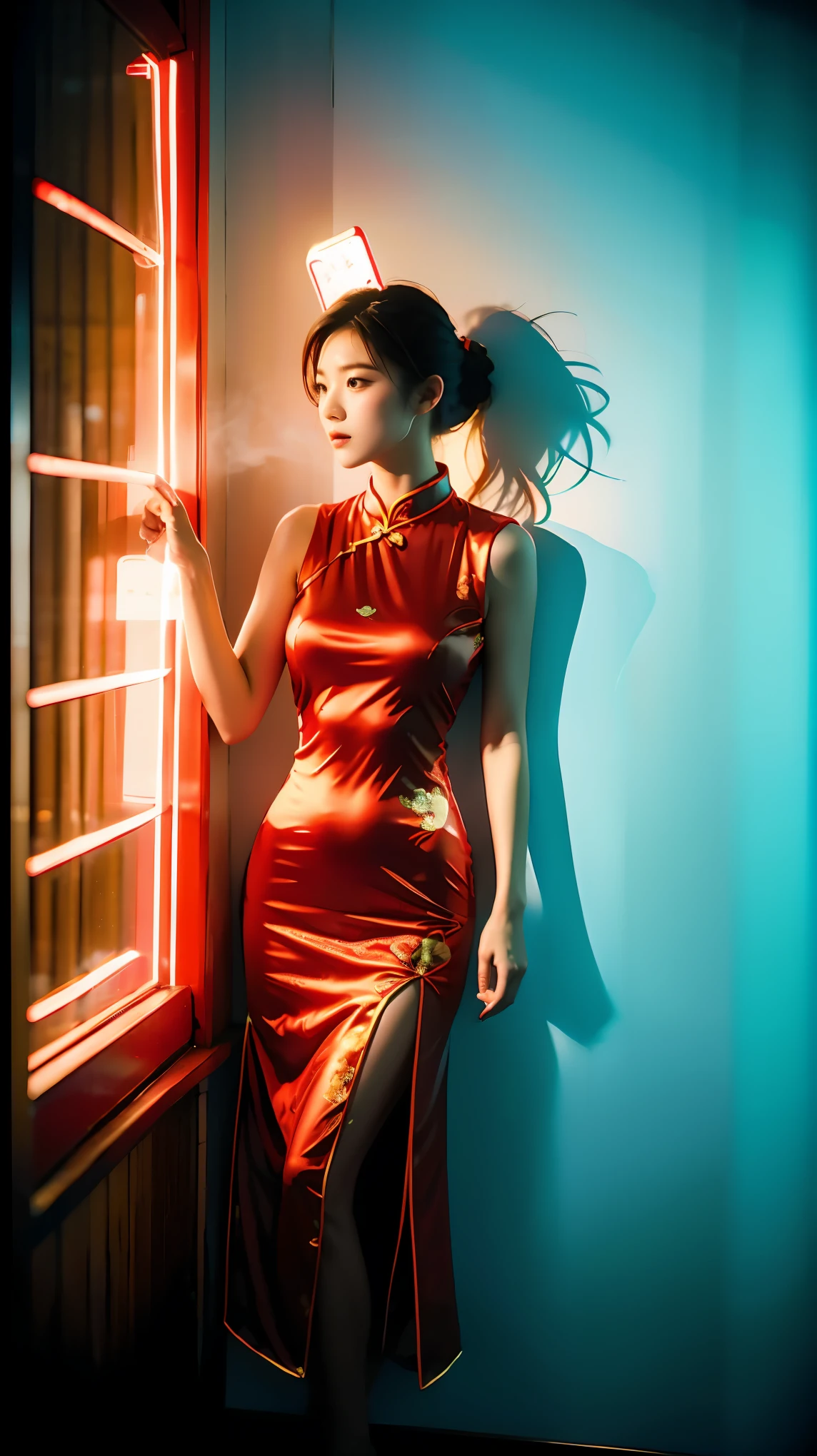 Best quality,masterpiece,16K,A girl,Wearing red cheongsam,Leaning against the wall,Film quality,Mobile phone clamp this cigarette,smoke,Neon,High light-dark contrast,night