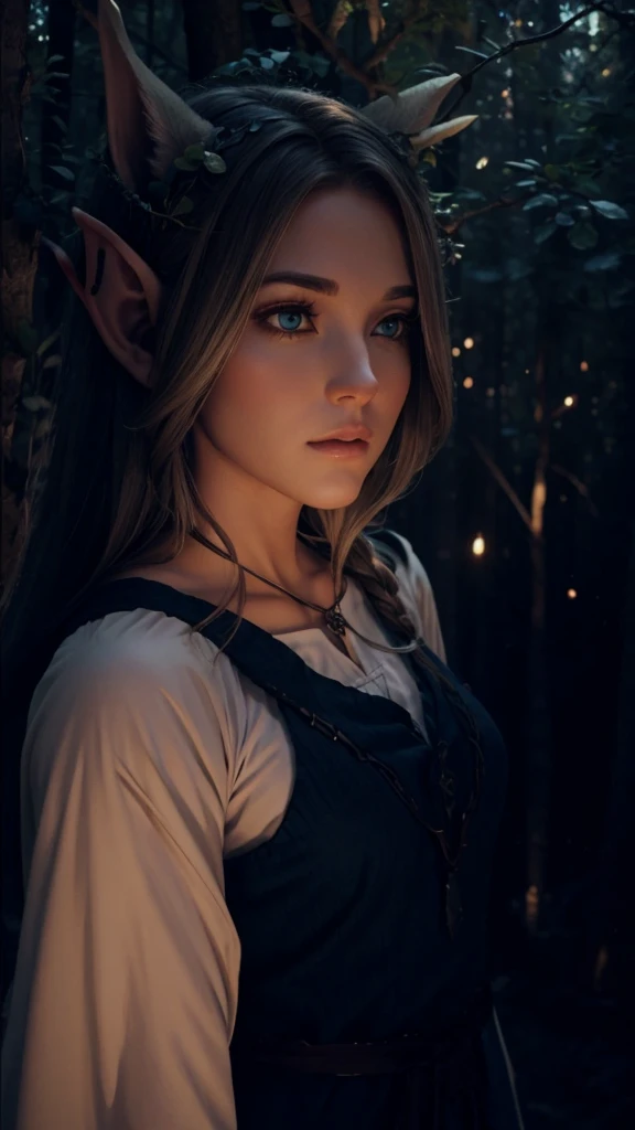Elven ears, forrest. Magic. Huntress.