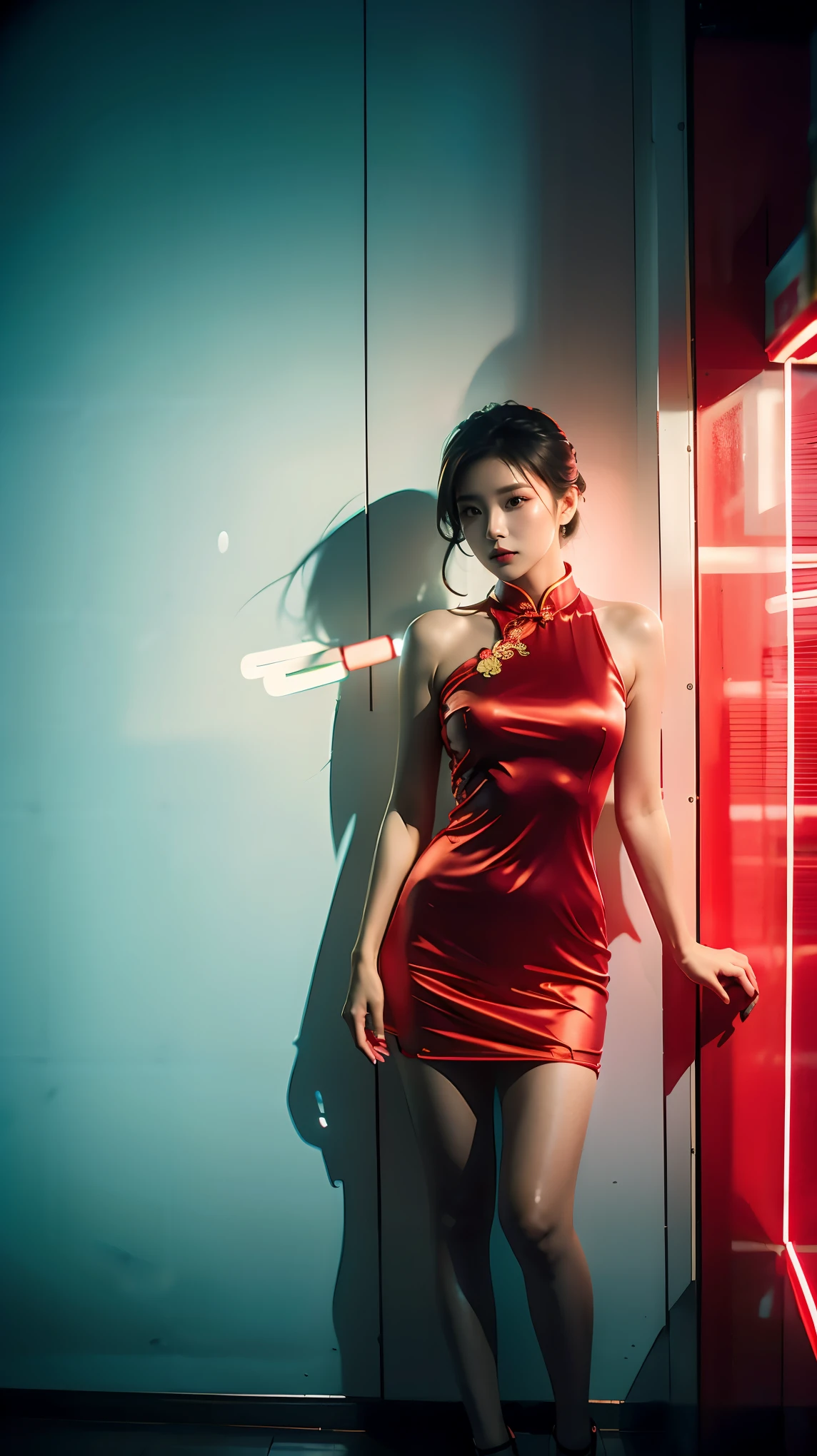 Best quality，masterpiece，16K，A girl，Wearing red cheongsam，Leaning against the wall，Film quality，Mobile phone clamp this cigarette，smoke，Neon，High light-dark contrast，night