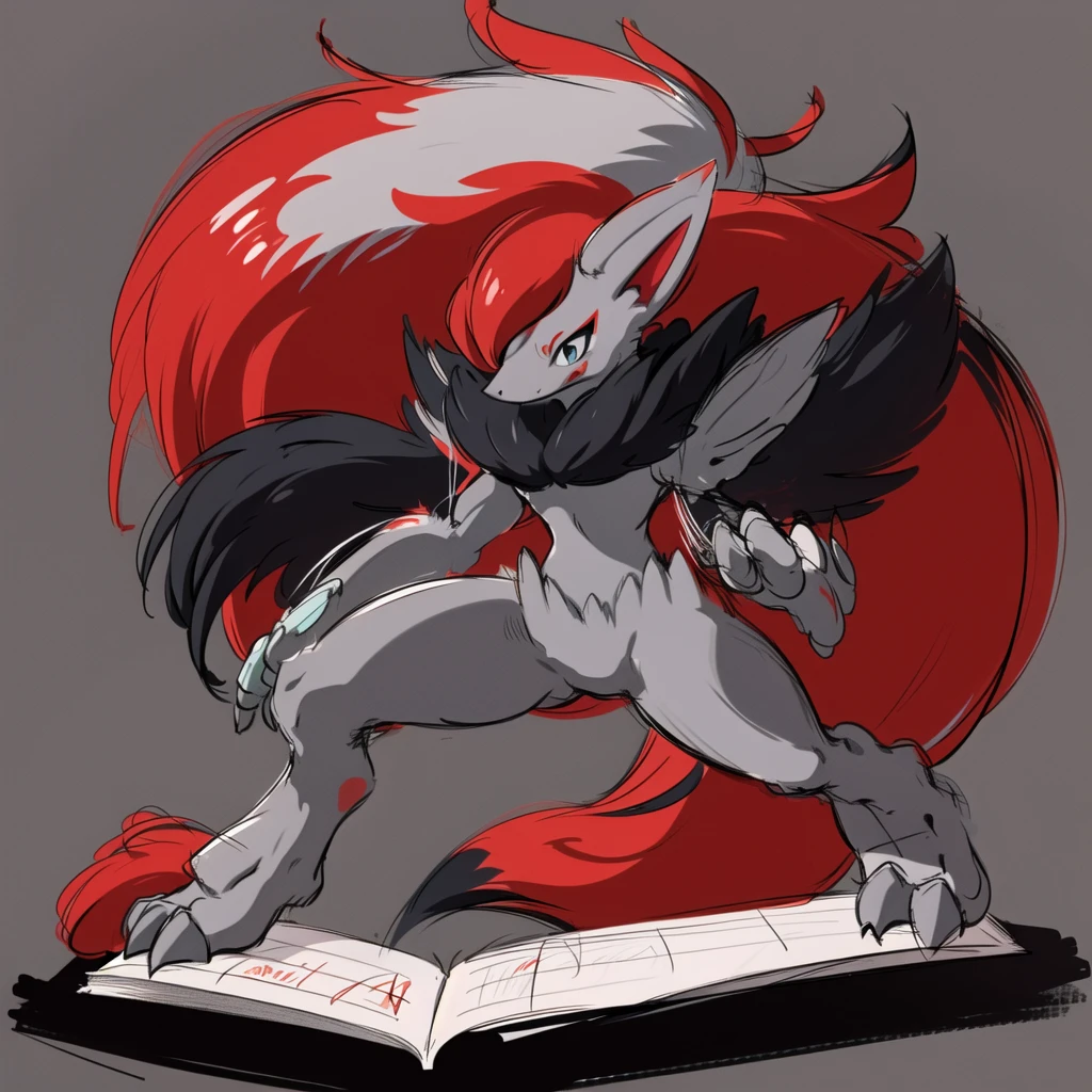 tall, (zoroark:1.3), closed mouth, canid, pokemon, (grey body:1.5), (grey fur:1.4), (extremely long hair), red hair, (black highlights), blue eyes, (white sclera), red eye markings, light grey pointed ears, red inner ear, best quality, masterpiece, 1boy, full body, solo, pencil sketch, sketchpad, 