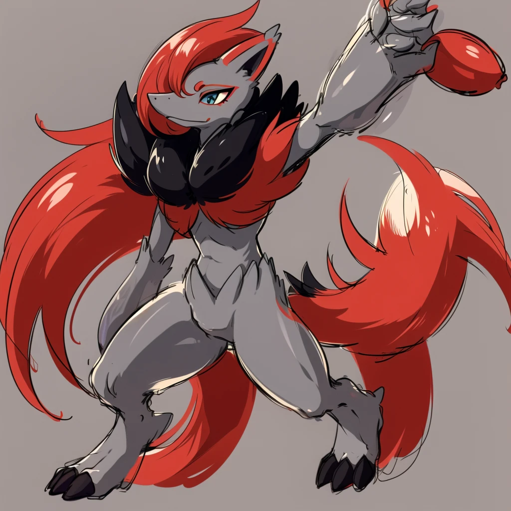 tall, (zoroark:1.3), closed mouth, canid, pokemon, (grey body:1.5), (grey fur:1.4), (extremely long hair), red hair, (black highlights), blue eyes, (white sclera), red eye markings, light grey pointed ears, red inner ear, best quality, masterpiece, 1boy, full body, solo, pencil sketch, sketchpad, 
