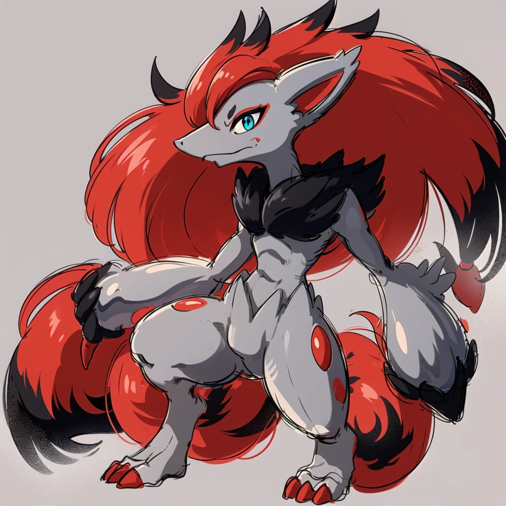 tall, (zoroark:1.3), closed mouth, canid, pokemon, (grey body:1.5), (grey fur:1.4), (extremely long hair), red hair, (black highlights), blue eyes, (white sclera), red eye markings, light grey pointed ears, red inner ear, best quality, masterpiece, 1boy, full body, solo, pencil sketch, sketchpad, 