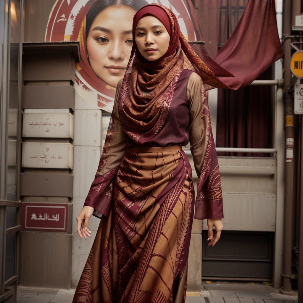 araffe wearing a plain dress and a red scarf posing at old street, sheer plain dress, malaysian, maroon flowing hijab, inspired by Nazmi Ziya Güran, sheer outfit, in lace brown batik long skirt, batik, inspired by Ni Yuanlu, brown batik, inspired by Naza, mugshot
