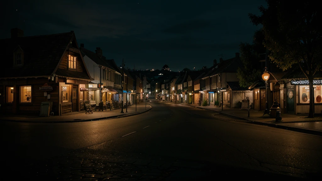A small, quaint town named 'Shantingar' at twilight with a mysterious, eerie ambiance. The streets are empty, and shadows seem to move on their own.