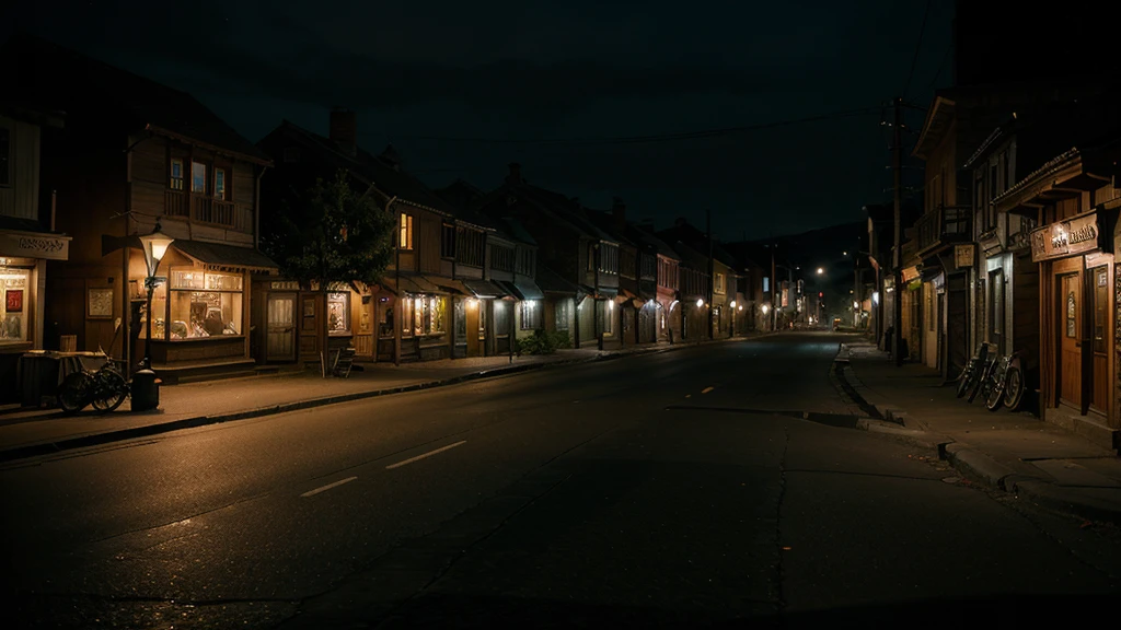 A small, quaint town named 'Shantingar' at twilight with a mysterious, eerie ambiance. The streets are empty, and shadows seem to move on their own.