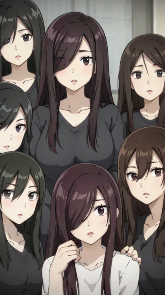 Mom with 4 daughters ,black hair, long hair, (hair over one eye:1.4), messy hair, hair between eyes, chubby cheek,Sexy lips, pucker lips