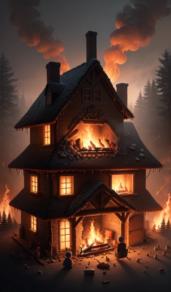 (anime, digital paint, children looking back at the gingerbread house engulfed in flames, smoke rising, faces lit by the fire, forest around them dark and silent, sense of finality and justice)
