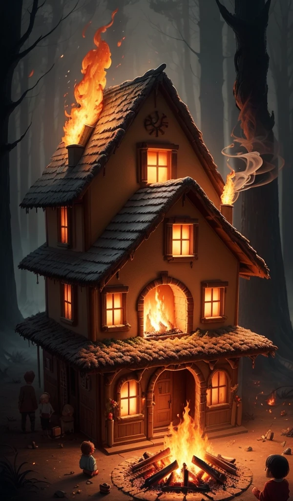 (anime, digital paint, children looking back at the gingerbread house engulfed in flames, smoke rising, faces lit by the fire, forest around them dark and silent, sense of finality and justice)