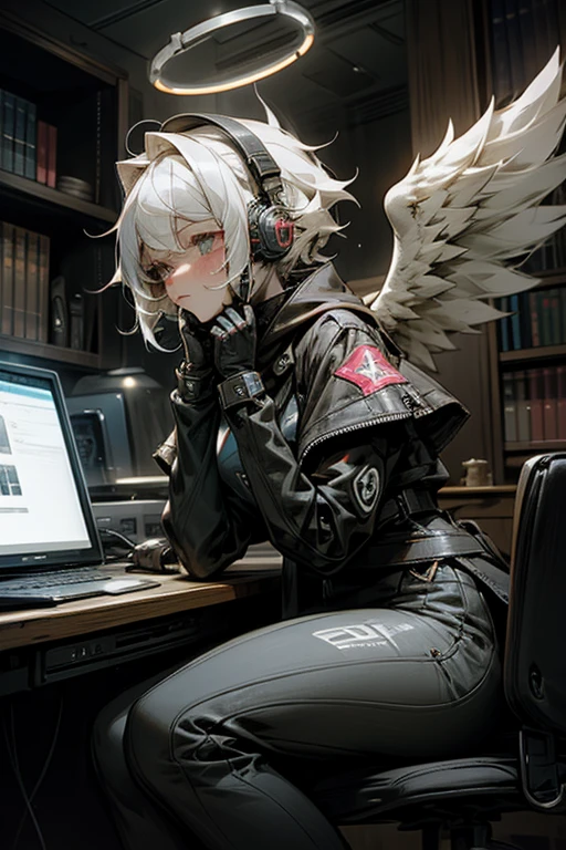 anime style, super fine illustration, highly detailed, dynamic angle, beautiful detailed, 8K, At midnight, in a dark room, Blake. A woman sits in front of her computer, unable to sleep. BREAK She is wearing a headset with a microphone and holding a video game controller, BREAK She is playing a awesome game.Angel Halo,Angel Wings,Tears,White Hair,Short Hair
