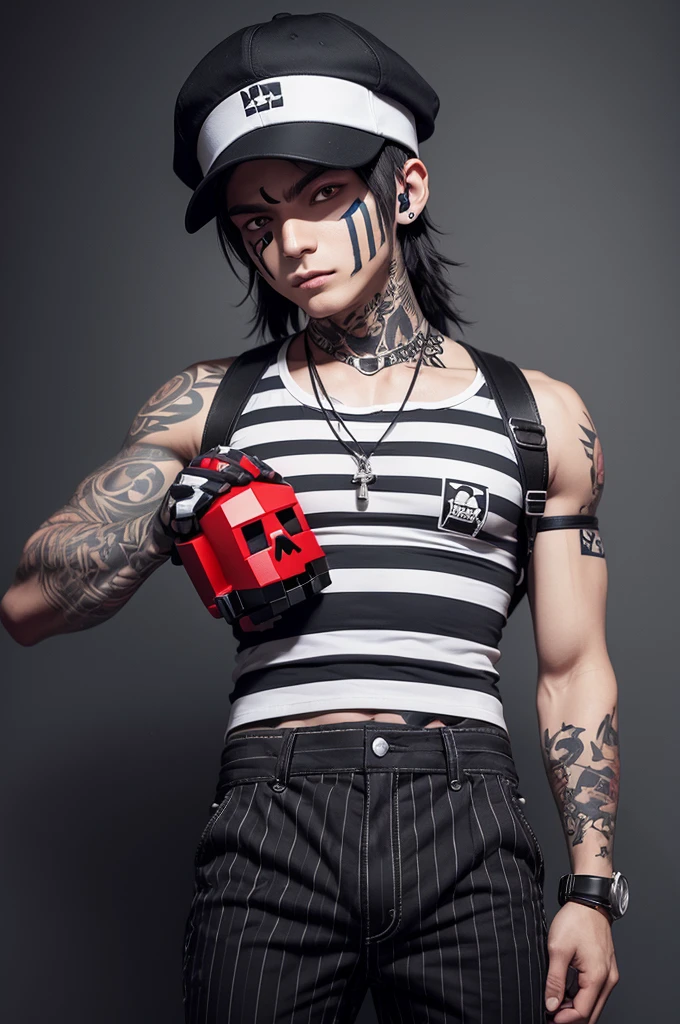 A male Roblox character with a striped cap, red eyes, white headphones, chest with tattoo and tattoo on his arms, is wearing pants with a skull