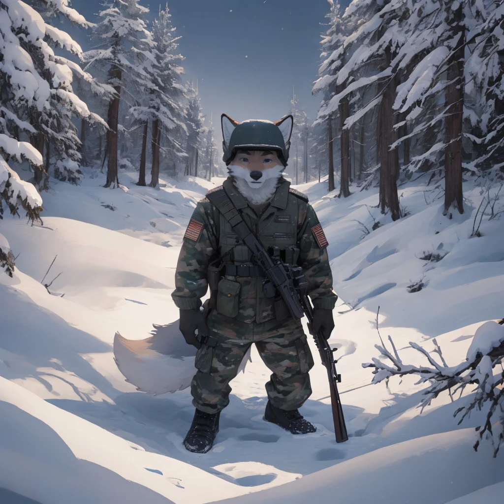 Male, males, fox, arctic fox, white fur, short hair, 20 years old, rifle, ussr flag badge, Snow camouflage, military helmet, winter camouflage, dramatic effect, dramatic light, shadow, shade, higlight, high quality, high details, High detailed image, high quality image, Very detailed shadows, high detail shadows, Snowy forest, snowy, Winter, snowfall