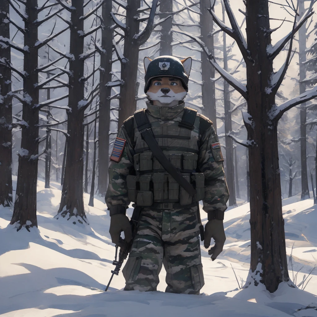Male, males, fox, arctic fox, white fur, short hair, 20 years old, rifle, ussr flag badge, Snow camouflage, military helmet, winter camouflage, dramatic effect, dramatic light, shadow, shade, higlight, high quality, high details, High detailed image, high quality image, Very detailed shadows, high detail shadows, Snowy forest, snowy, Winter, snowfall
