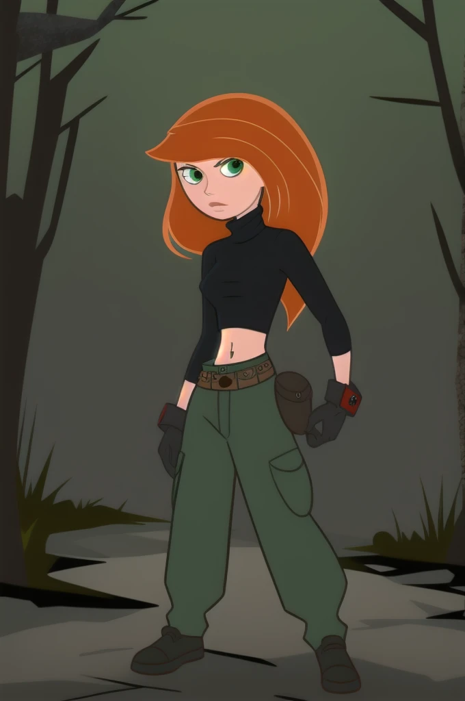 Best_QualityPos, RAW photo, intricate details, best quality, 8k uhd, soft lighting, 1girl, solo, green eyes, orange hair, long hair, black gloves, black turtleneck sweater, crop top, midriff, long sleeves, belt, belt pouch, green cargo pants, black shoes she is in the swamp