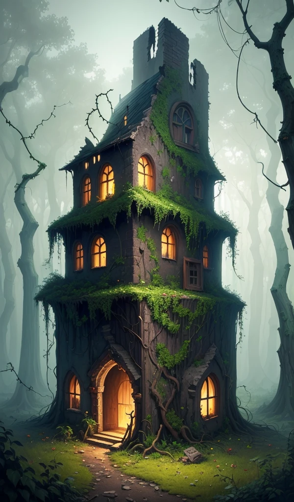 (anime, digital paint, remnants of the gingerbread house, smoldering ruins, eerie and dark atmosphere, forest reclaiming the area with vines and plants growing over the ruins, sense of nature taking over and ending the evil)