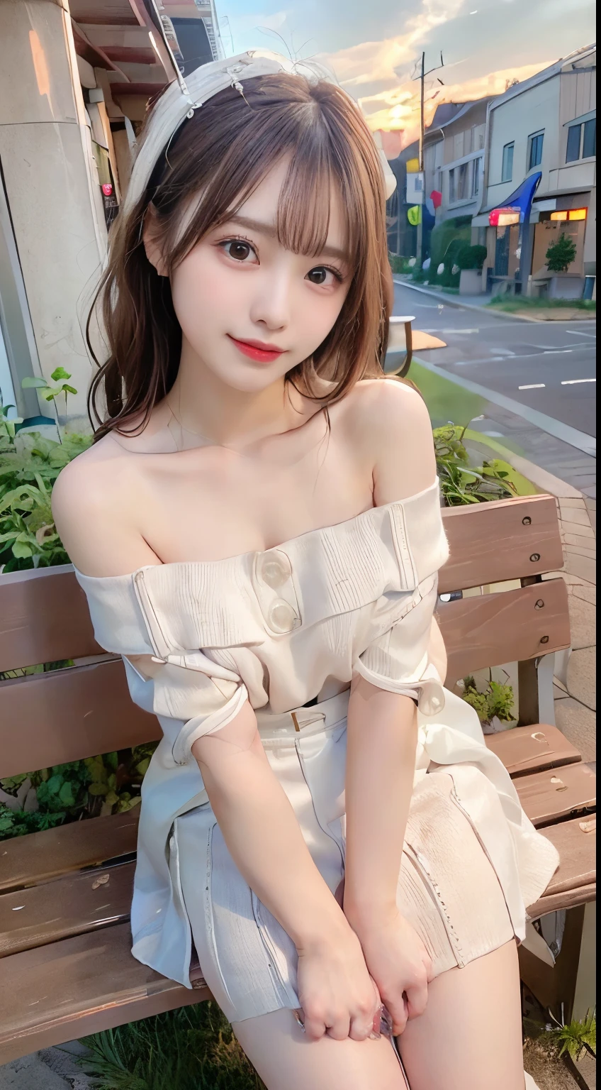 masutepiece, Best Quality, 
Ultra-detailed, finely detail, hight resolution, in 8K,
((Photorealsitic:1.4, Raw photography, 超A high resolution,Top image quality: 1.4)),
Wallpaper, 
((Perfect whole body configuration1.5)), 
Beautiful detailed eyes, Natural Color Lip,
((a serene smile:1.5)),
((Random and cute hairstyles)), 
((off-shoulder knit:1.5)),
((breast size small、cleavage of the breast:0.1)),
((Leaning forward in open-chested clothes:1.5、sit on a bench)),
((Wear random and cute skirts:1.5)),
((breastsout、under look eyeole on the arm:0.9)),
((peer in from below)),
((Background in front of the café at sunset、Ball bokeh、f lare)),
((Random and cute facial expressions)),, 
((((1 female:1.5))))
very detailed and professional lighting、
((Random and cute facial expressions:1.5))、
((thigh visible:1.5))
