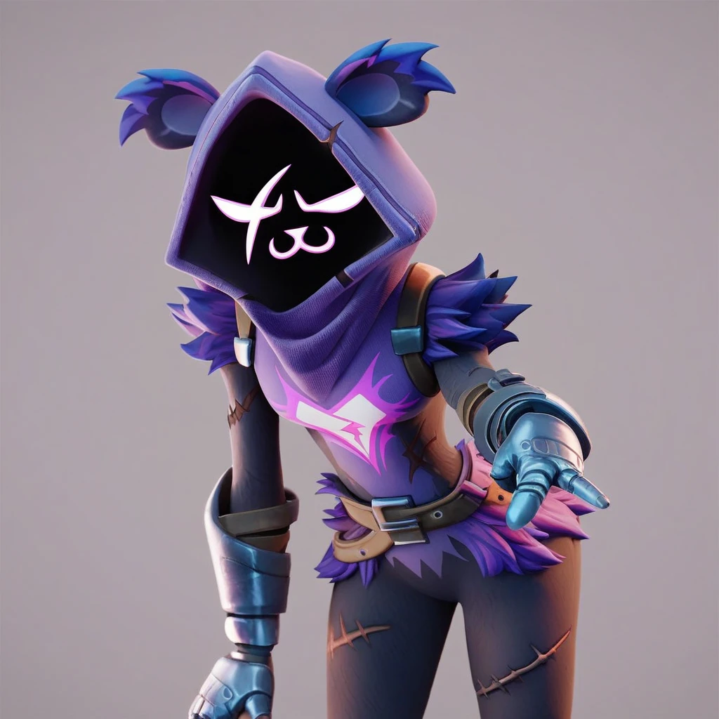 Raven team leader,purple hoodie, with no face, shadowed face, animal ears,purple skin, scar on eye, body skin, purple fur, waist belt, torso symbol, metal gloves, pointing your ass at the viewer, leaning forward, pushing, she closes her eyes, hands resting on top of a small wall, her with her eyes closed, hands are not in the air, expression of force, clear and blue day