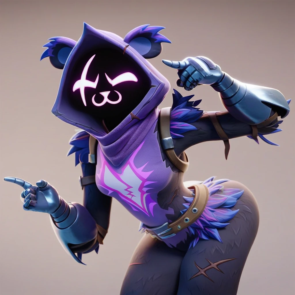 Raven team leader,purple hoodie, with no face, shadowed face, animal ears,purple skin, scar on eye, body skin, purple fur, waist belt, torso symbol, metal gloves, pointing your ass at the viewer, leaning forward, pushing, she closes her eyes, hands resting on top of a small wall, her with her eyes closed, hands are not in the air, expression of force, clear and blue day