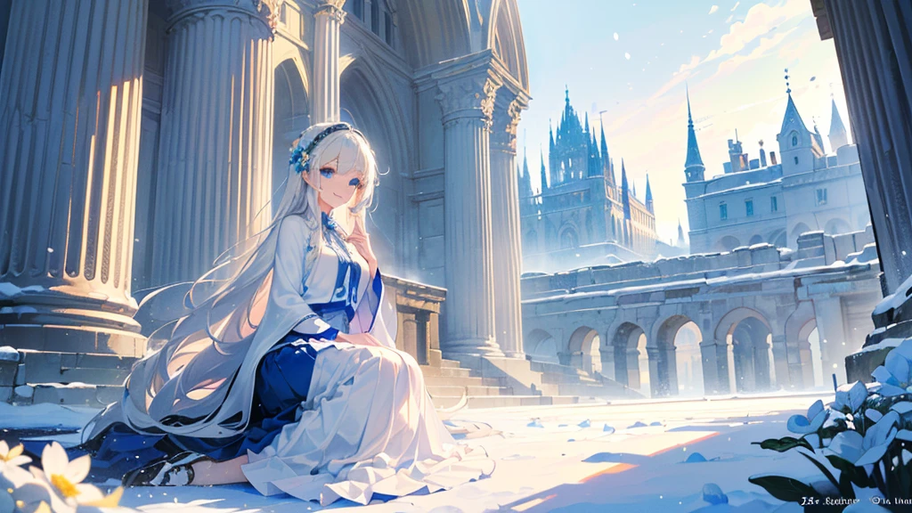 ((best quality,masterpiece,Extremely complex and exquisite details,There is only one beautiful woman with long white straight hair and blue eyes,Smile,long skirt)),(Exquisite light blue and white clothing,Beautiful bright and exquisite ancient style white castle architectural background),(correct anatomy,exquisite face),(Exquisite fantasy dream style,Snow,Falling Flowers,The great outdoors),Sitting