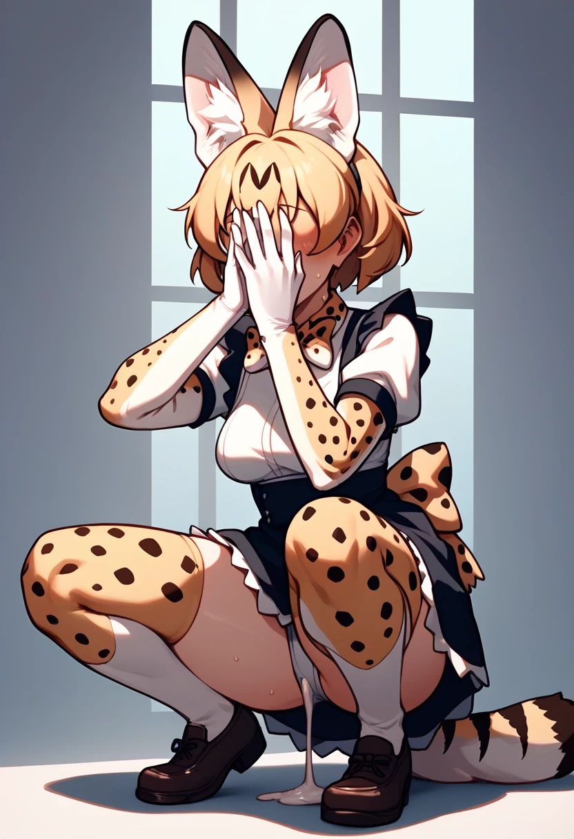 Score_9, Score_8_up, Score_7_up, Score_6_up, Score_5_up, Score_4_up, source_anime, 1girl, nsfw, maid, after sex, servalkemono, scat, serval ears, cum, squatting, cumdrip, covering face