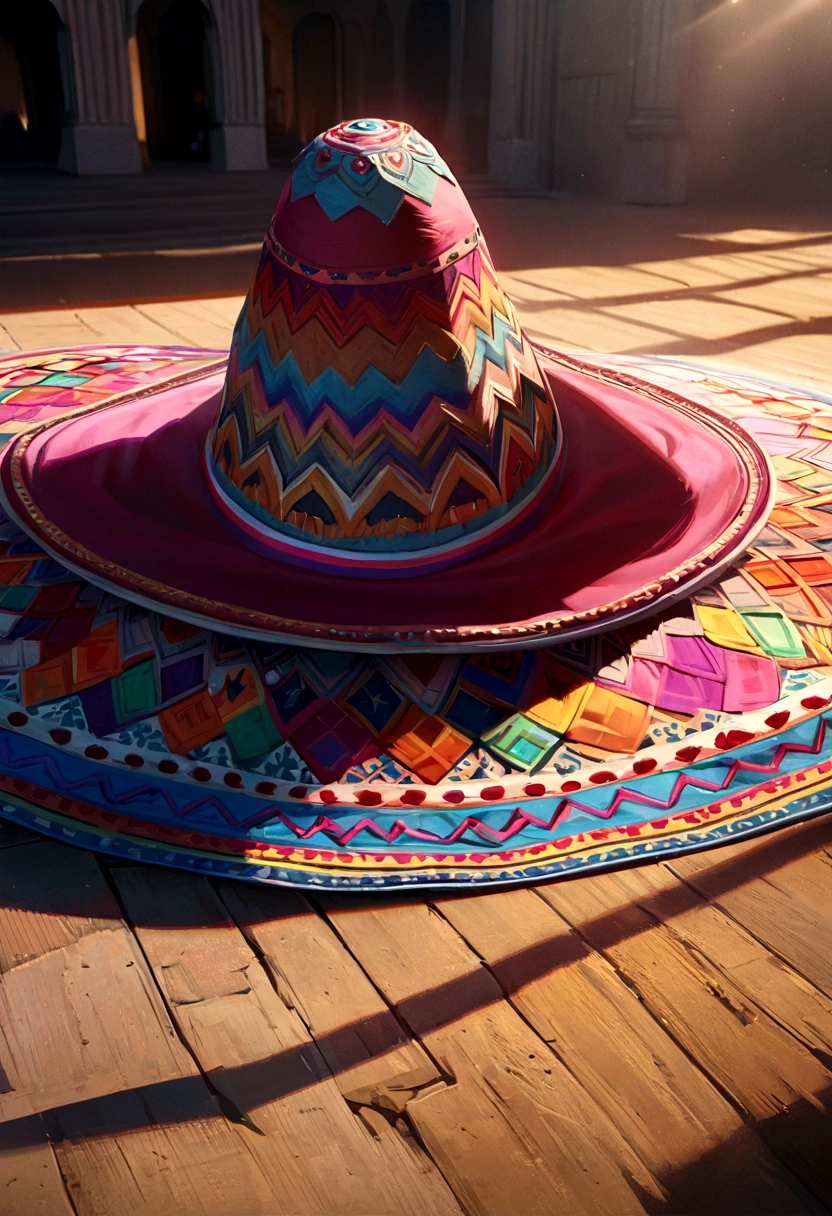 a colorful tiktok-themed sombrero, epic, detailed, 8k, highly detailed, photorealistic, intricate patterns, vibrant colors, beautiful textures, masterpiece, incredibly realistic, stunning lighting, chiaroscuro, cinematic, volumetric lighting, dramatic shadows, dynamic composition, sharp focus