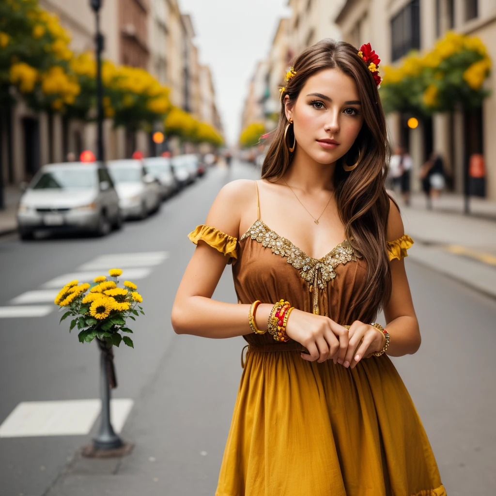 ((best qualityer)),((work of art)),((realisitic)),portrait of a woman,[captivating brown eyes],brown hair[old and shabby costume], holding red and yellow flowers with a beautiful bracelet on her arm in the middle of the street:1.3),[Busy street scenery,(capturing beauty and art:1.2),(8k resolution:1.2),