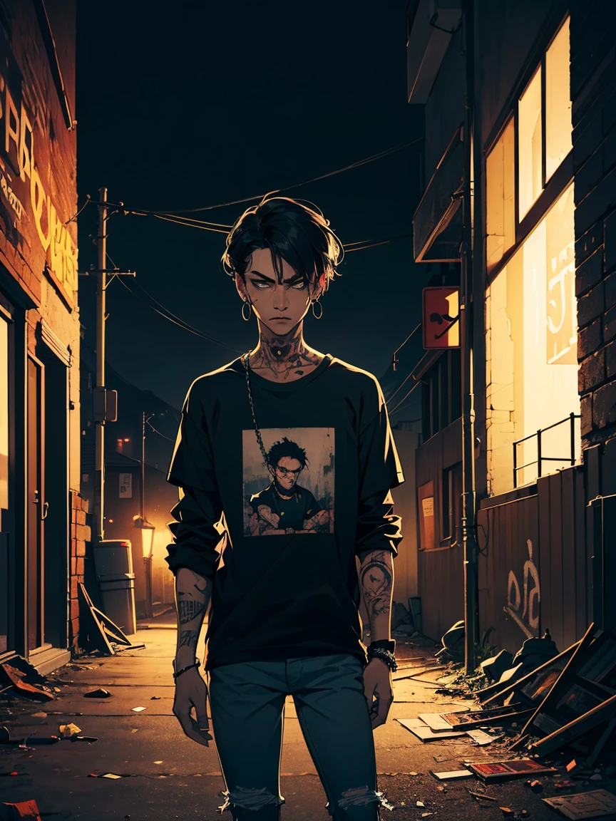 (masterpiece),(A high resolution),(high quality),((crop portrait)) young boy, ((thinny)), thin, atrophic, (a lot of tattoos on the neck), Rebel, completely black neck, earrings, Cold face, stern look, tattoo on arms, clogged, white T-shirt and black jeans with chains and scuffs, sleeve tattoos, Gloomy atmosphere, dark chin length hair, looks very stylish, Punk style, dark background, Abandoned building, Unfinished building, graffiti, rebellious , Gloomy atmosphere, простой dark background, night, cold lighting,