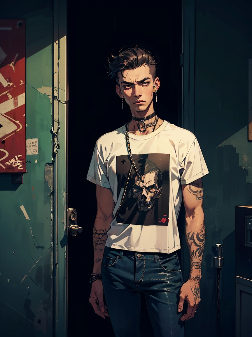 (masterpiece),(A high resolution),(high quality),((crop portrait)) young boy, ((thinny)), thin, atrophic, (a lot of tattoos on the neck), Rebel, completely black neck, earrings, Cold face, stern look, tattoo on arms, clogged, white T-shirt and black jeans with chains and scuffs, sleeve tattoos, Gloomy atmosphere, dark chin length hair, looks very stylish, Punk style, dark background, Abandoned building, Unfinished building, graffiti, rebellious , Gloomy atmosphere, простой dark background, night, cold lighting,