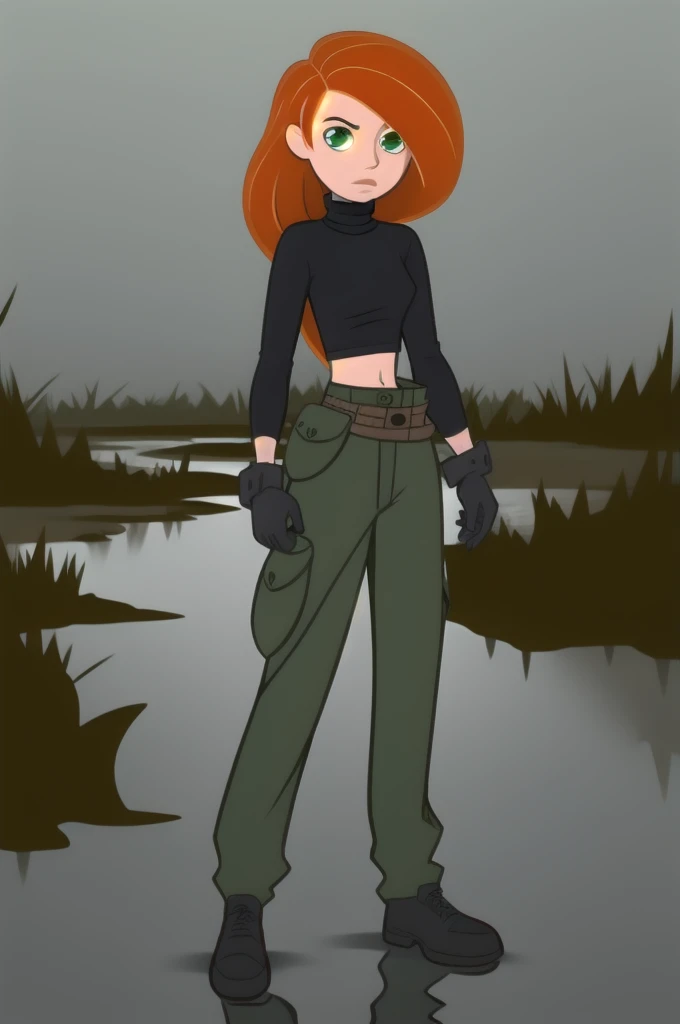Best_QualityPos, RAW photo, intricate details, best quality, 8k uhd, soft lighting, 1girl, solo, green eyes, orange hair, long hair, black gloves, black turtleneck sweater, crop top, midriff, long sleeves, belt, belt pouch, green cargo pants, black shoes she is in the watery swamp