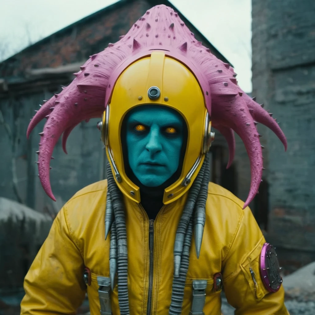 Horror-themed,  In an ancient and mysterious city a person wearing a yellow helmet with pink dark spikes on it carcosa city style, Don Bluth Style ASTRONAUT Cthulhu yellow Toon Doll, full body RAW candid cinema, cyan hair, 16mm, color graded portra 400 film, Eerie, unsettling, dark, spooky, suspenseful, grim, highly detailed, titanium decorative headdress, cinematic, trending on artstation | Isometric | Centered