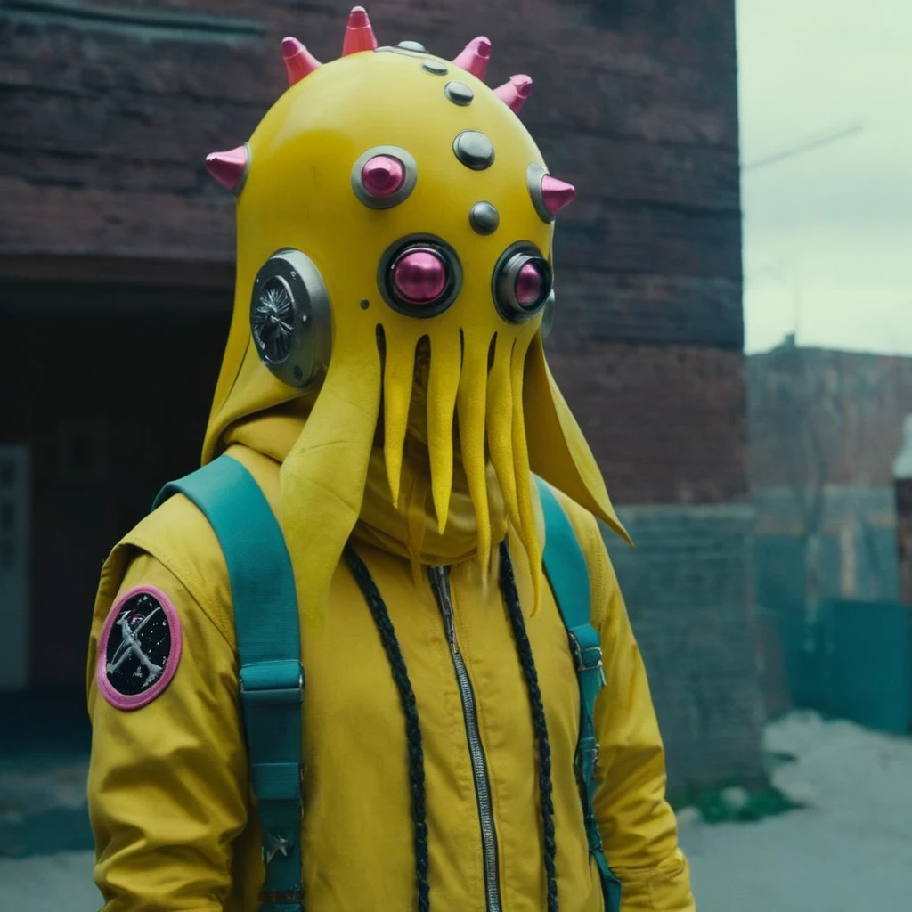 Horror-themed, In an ancient and mysterious city a person wearing a yellow helmet with pink dark spikes on it carcosa city style, Don Bluth Style ASTRONAUT Cthulhu yellow Toon Doll, full body RAW candid cinema, cyan hair, 16mm, color graded portra 400 film, Eerie, unsettling, dark, spooky, suspenseful, grim, highly detailed, titanium decorative headdress, cinematic, trending on artstation | Isometric | Centered