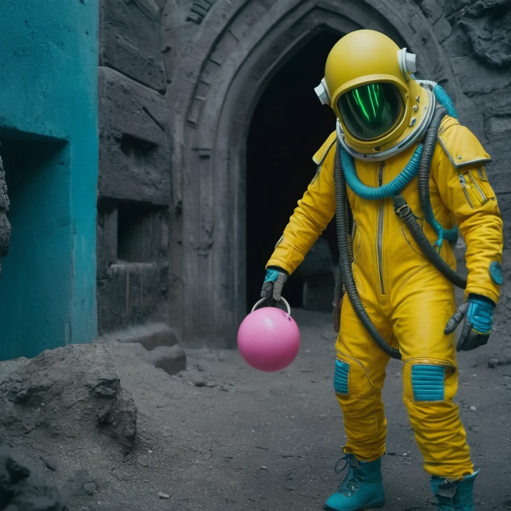 Horror-themed, In an ancient and mysterious city a person wearing a yellow helmet with pink dark spikes on it carcosa city style, Don Bluth Style ASTRONAUT Cthulhu yellow Toon Doll, full body RAW candid cinema, cyan hair, 16mm, color graded portra 400 film, Eerie, unsettling, dark, spooky, suspenseful, grim, highly detailed, titanium decorative headdress, cinematic, trending on artstation | Isometric | Centered