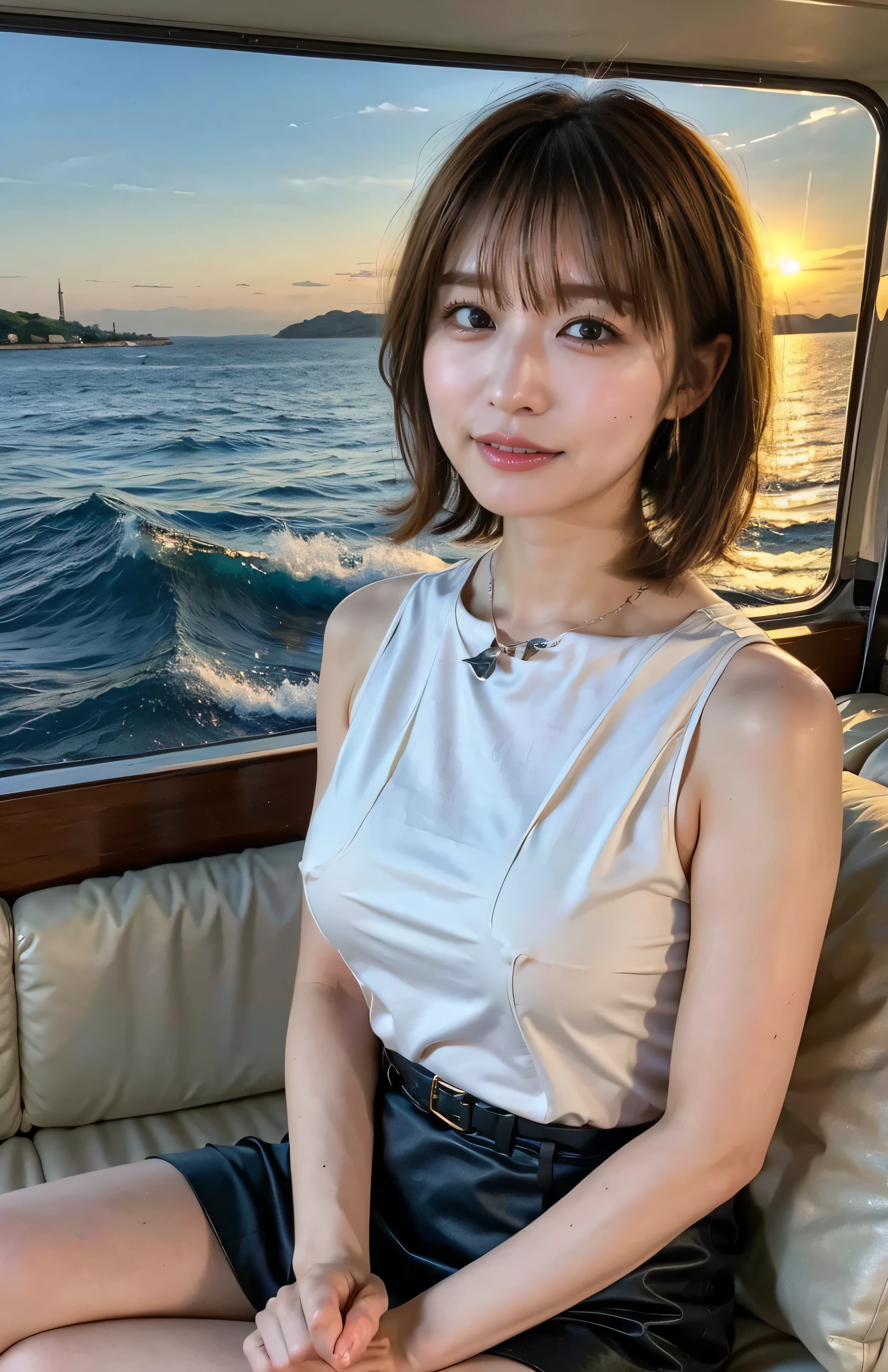 The sky turns red、Woman standing on a boat、Light brown hair、Elegant hairstyle、Blue Eyed Woman、A woman with a cute upward gaze、When the sky gets dark、The gentle light of the ship shines、The sky turns red as the sun sets、Tight clothing that shows your body lines、、Elegant navy blue summer knit、Elegant black summer sweater、belt、Short skirt、Dress elegantly着こなす、Luxury Bagedium Shorthair:1.4))、Skyscrapers seen across the sea、Manhattan 私sland is visible offshore、Woman on a sightseeing boat、、The sun shines on her、Light brown hair、Light brown hair、The sky was dyed red、There are clouds、private's cute、An elegantly dressed woman is sitting on a boat and watching the sunset、Her ample breasts are obvious even through her clothes..、The shining sun is so beautiful、Dusk is approaching、Lens flare、I can see the sunset、((Sunlight reflecting off the ocean、Ocean View、The sun shines on the sea、'beautiful.、Small earrings、private'evening、Birds are also flying、、Brown Hair Color、Tying up hair、The woman is on the right:1.4))、High-quality leather belt、Shiny clothes、Light beige hair color、Background Blur、Braid only the front hair、Light brown hair、{{Cowgirl Shot}}、((Close-up shot from the waist up、Ample breasts:1.4))、Smile、Silk clothing、Ample breasts that can be seen even through clothes、Braid only the front hair、Cowboy Shot、Gorgeous white collared silk shirt and brown skirt、Dress elegantly、Luxury Bags、A lovely smile、((Ample breasts))、Full body photo、ring、Short skirt、Tuck your hair behind one ear、Silver Necklace、smile、 Elegant ponytail、Caustics、Highly detailed photos、Very beautiful and ideal short hair、Super no makeup、(8K、RAW Photos、Highest quality、masterpiece:1.2)、(Realistic、Realistic)、1 Girl、((Medium Short Hair、Looking into the camera:1.4))、Hair blowing in the wind
