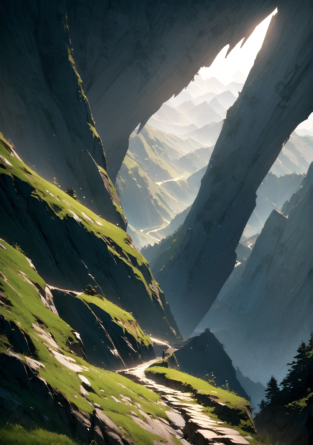 A person walking on a steep mountain path, symbolizing the overcoming of challenges.