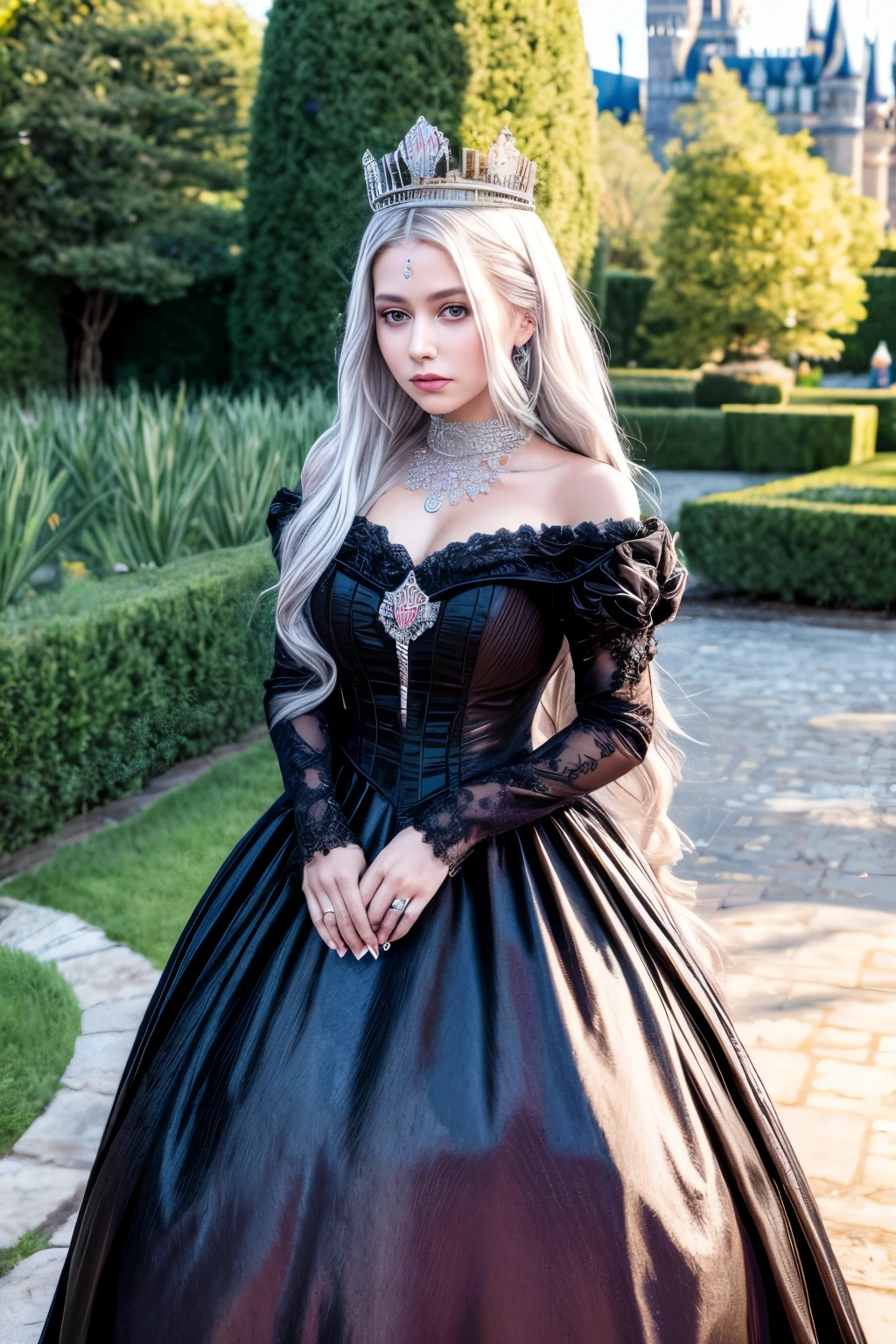 Masterpiece, high resolution, best quality, intricate details, high details, 1 girl, queen. The queen has platinum silver long hair.  black confident eyes. She wears a coronation gown, a lot of jelweries, a luxury crown, hands hold the gown pose. She stands on the path, behind her is the castle. The background has field of colorful flowers besides the path, The queen is standing on the path.