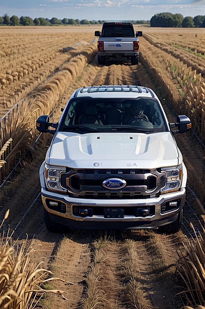 Ford f350 advancing through a wheat field