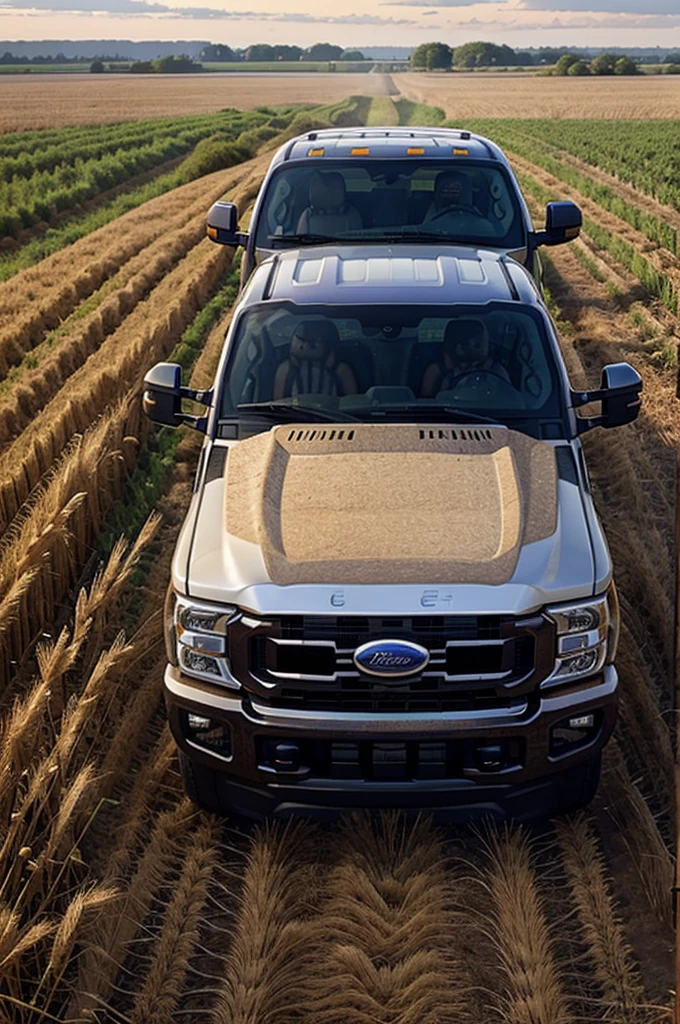 Ford f350 advancing through a wheat field