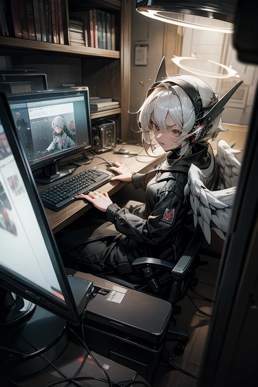anime style, super fine illustration, highly detailed, dynamic angle, beautiful detailed, 8K, At midnight, in a dark room, Blake. A woman sits in front of her computer. BREAK She is wearing a headset with a microphone and holding a video game controller, BREAK She is playing a awesome game.Angel Halo,Angel Wings,Tears,White Hair,Short Hair,angry face