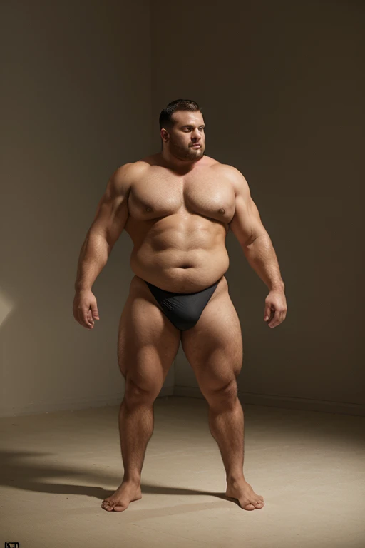 
fat and muscular man in a thong is standing in front hypnotized and paralyzed, next to him a  in a long dress, full body,