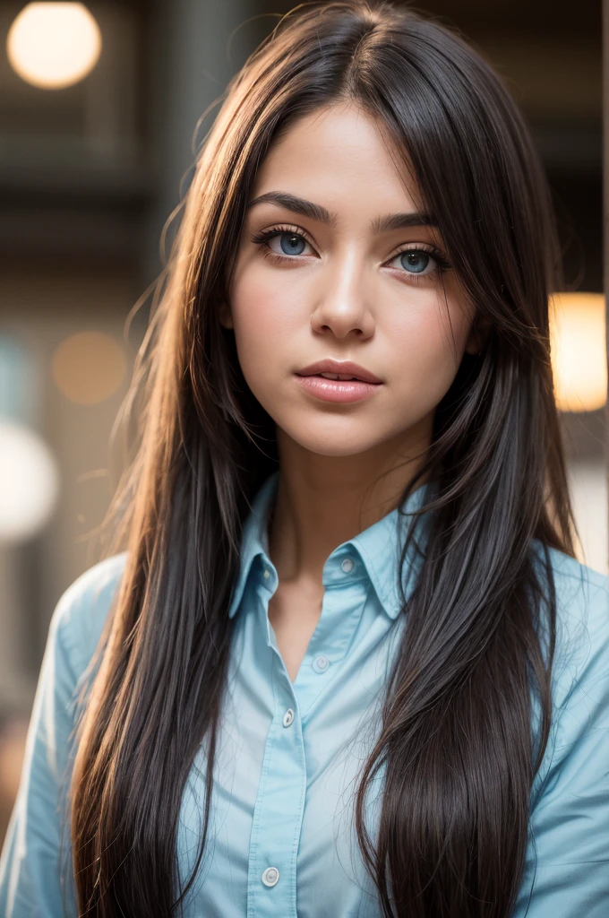 The image depicts a young woman with long, straight, light brown hair styled with two small hair clips on either side, which add a subtle touch of detail to her look. Her hair cascades down smoothly, framing her face elegantly. She has striking blue eyes that are wide open, giving her a direct and captivating gaze. Her complexion is fair and flawless, with a natural and minimalistic makeup look that highlights her features without overpowering them. She is wearing a light blue collared shirt that adds a pop of color and contrasts nicely with her hair and skin tone. The background is softly blurred, with bokeh lights creating a warm and somewhat dreamy atmosphere. The lights are a mix of warm and cool tones, contributing to the overall aesthetic of the photograph. The focus is clearly on the woman's face, capturing her expression and features in high detail. The overall composition of the image suggests a professional portrait, with attention to lighting, focus, and background to enhance the subject's natural beauty.